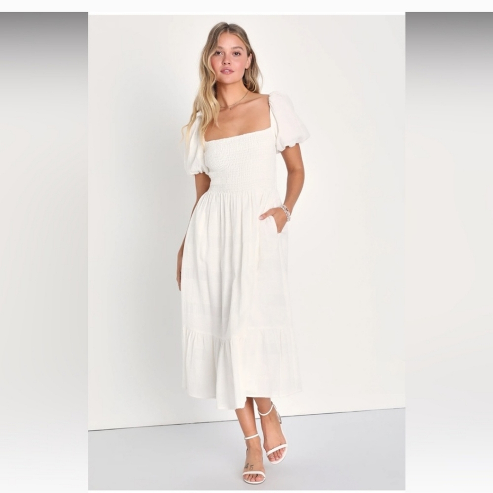 LULUS Budding Charm White Puff Sleeve Midi Dress With Pockets Small